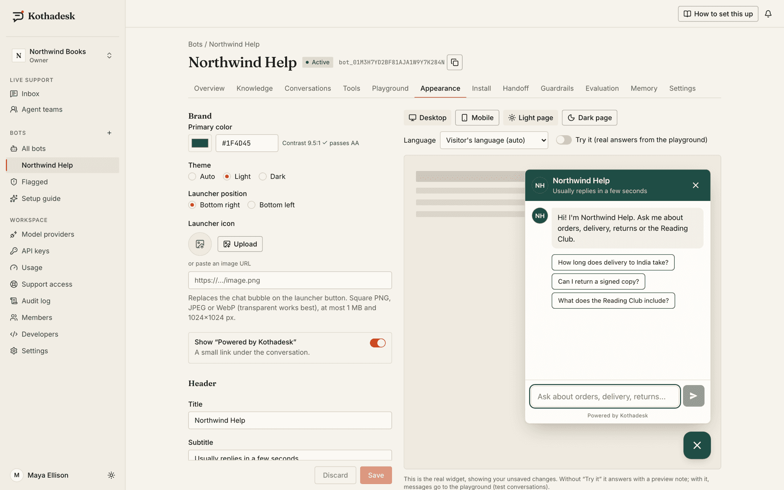 The appearance editor with widget settings and a live preview