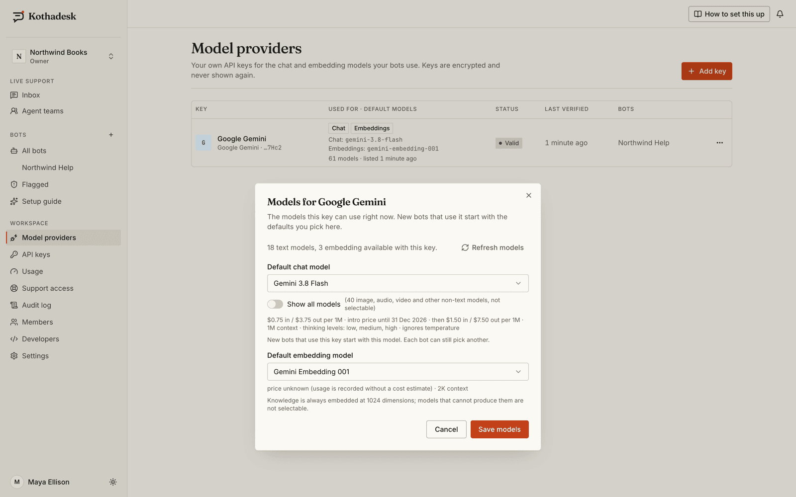The model providers page with a verified key and the live model picker