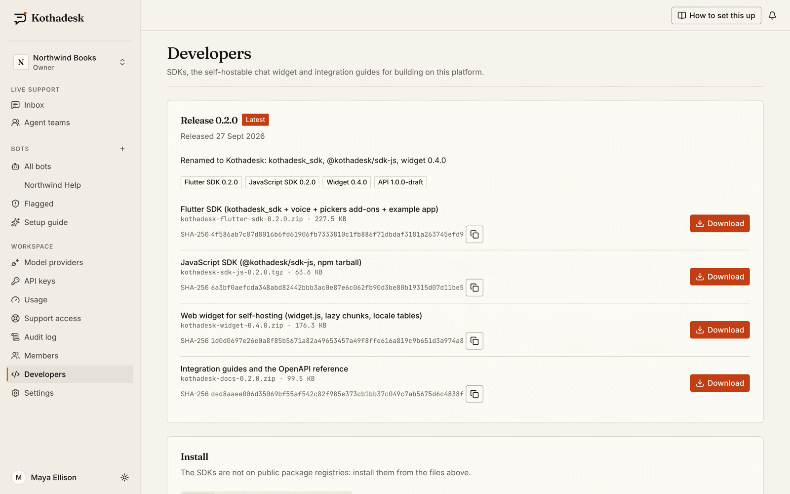 The dashboard Developers page with SDK downloads and integration guides