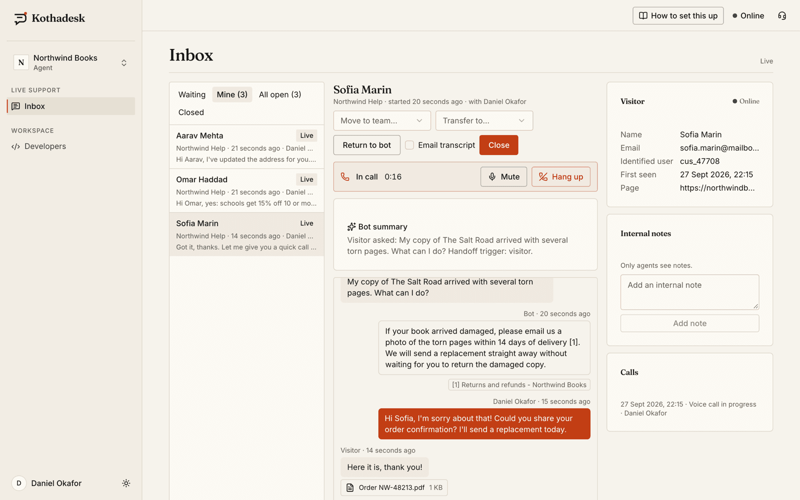 The agent inbox with a live chat, a shared attachment and the voice call panel