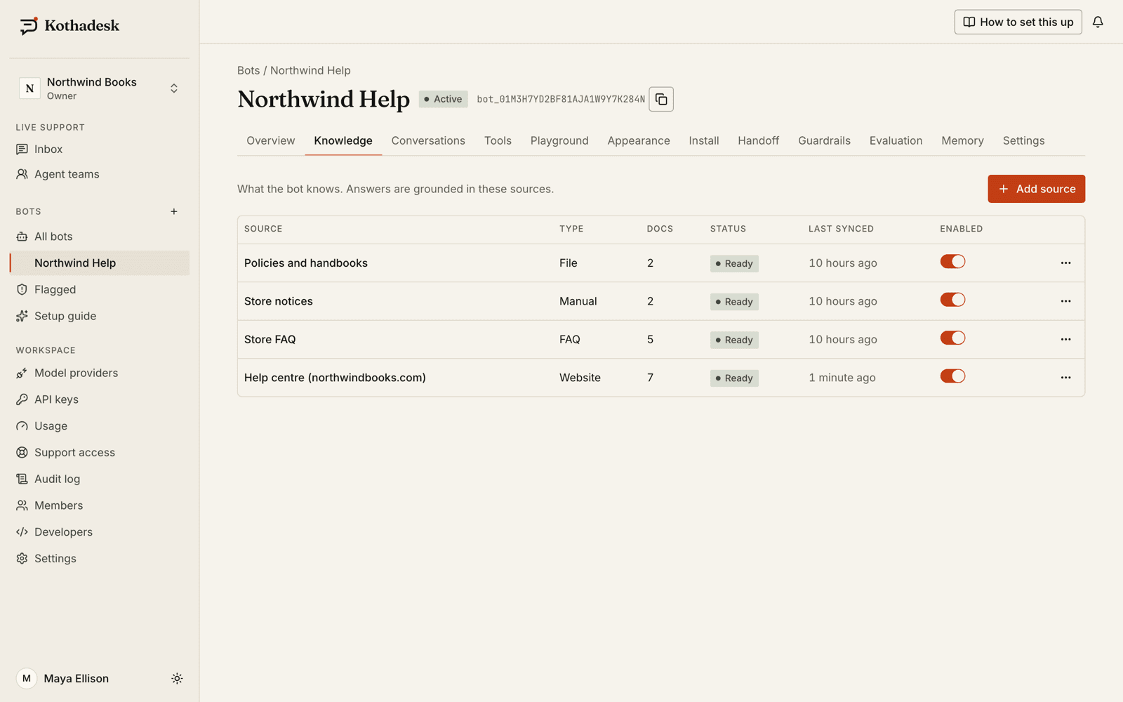 Knowledge sources for a bot: a crawled site, uploaded files and an FAQ table